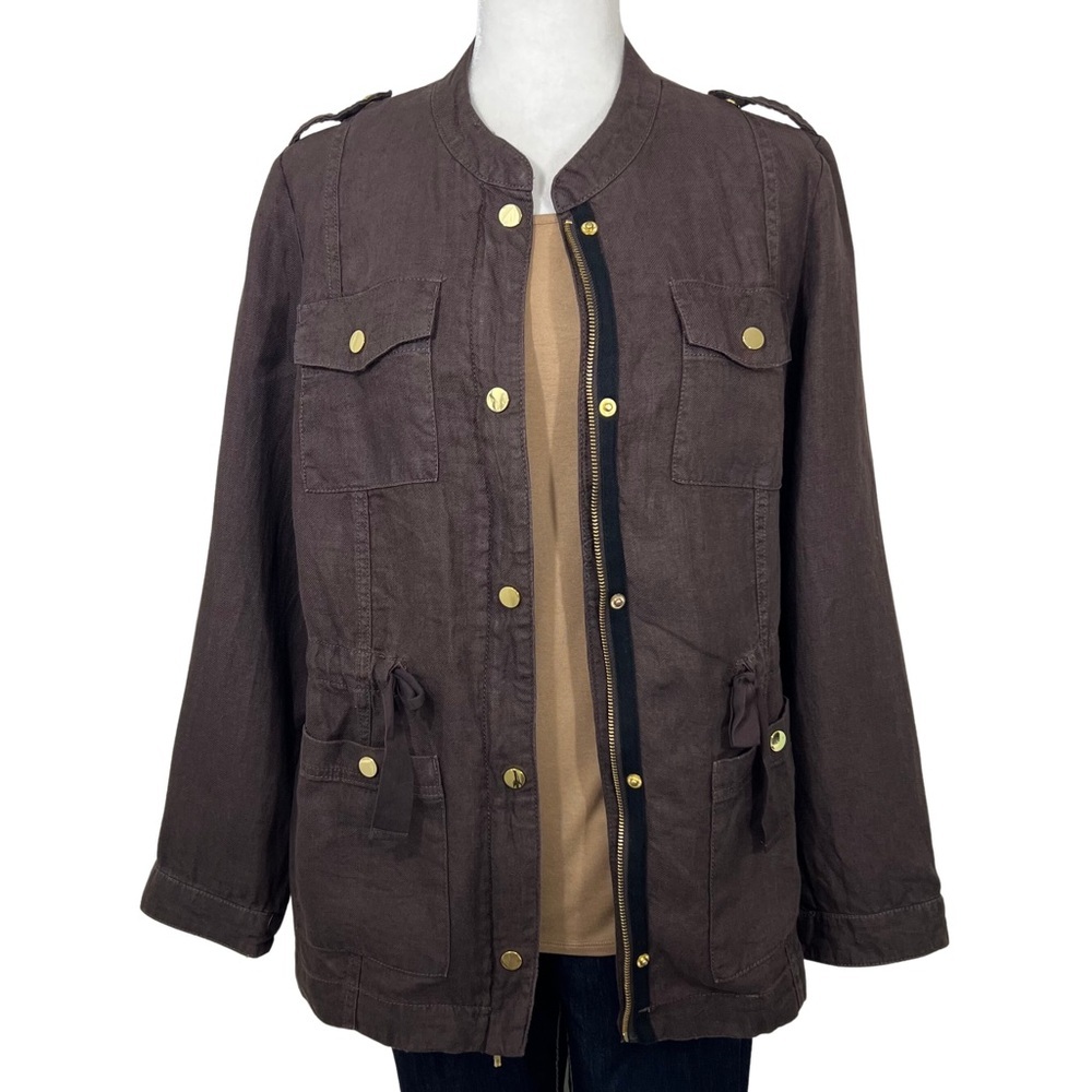 Chico’s Linen Utility Jacket Lightweight Dark Brown Gold 8 M Medium 570201889 - Picture 4 of 16